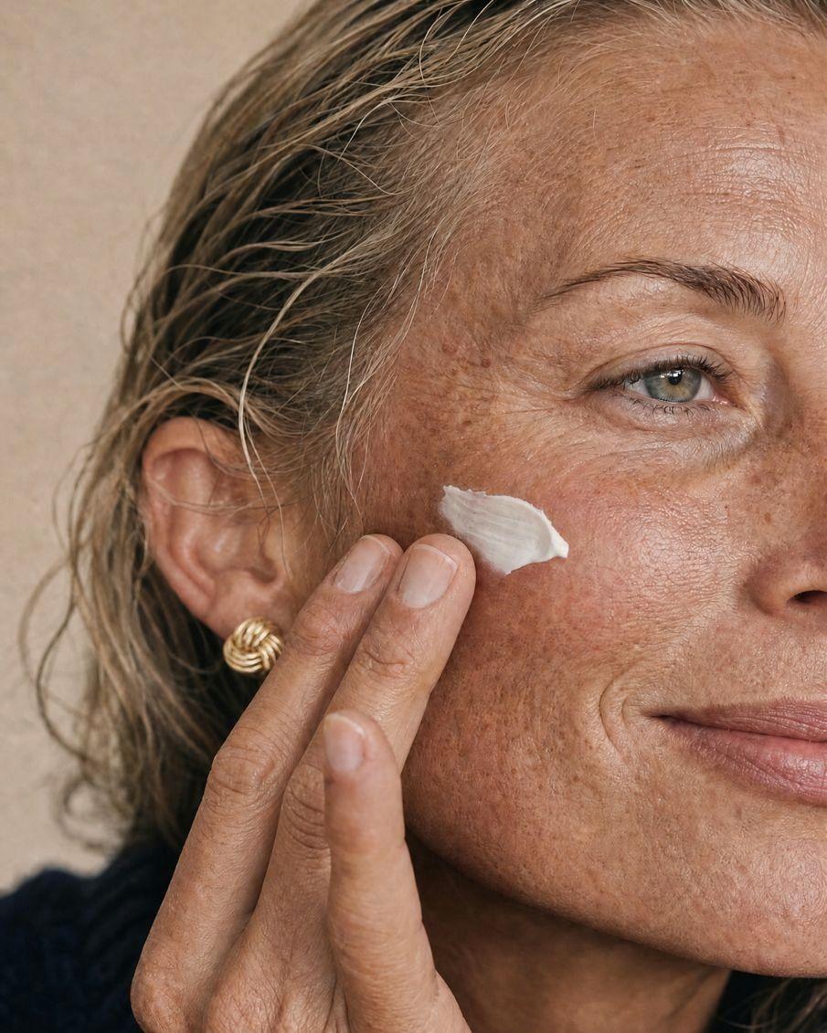 Gros plan sur le visage d’une femme qui applique une crème sur sa joue.